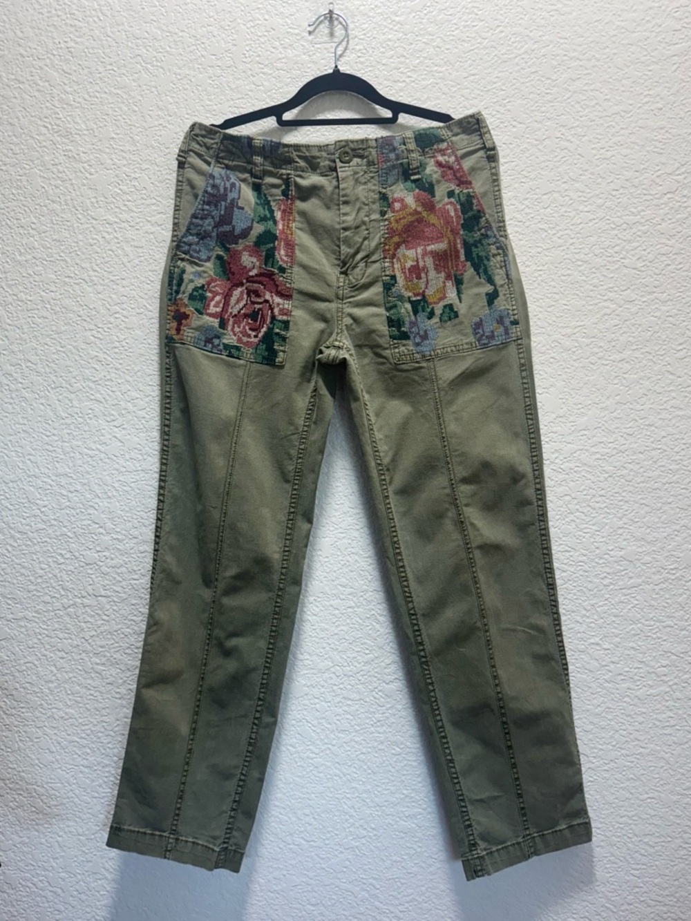 Anthropologie Olive Green Pants with Multicolor Floral Tapestry Accents
